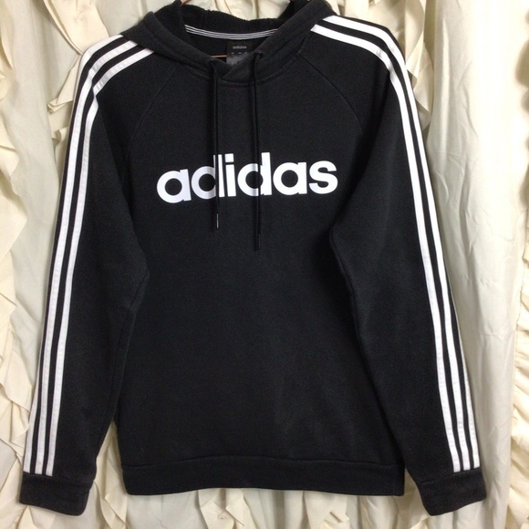 Adidas 3-STRIPES LINEAR LOGO PULLOVER HOODIE Sweatshirt Black White Small - Picture 2 of 7